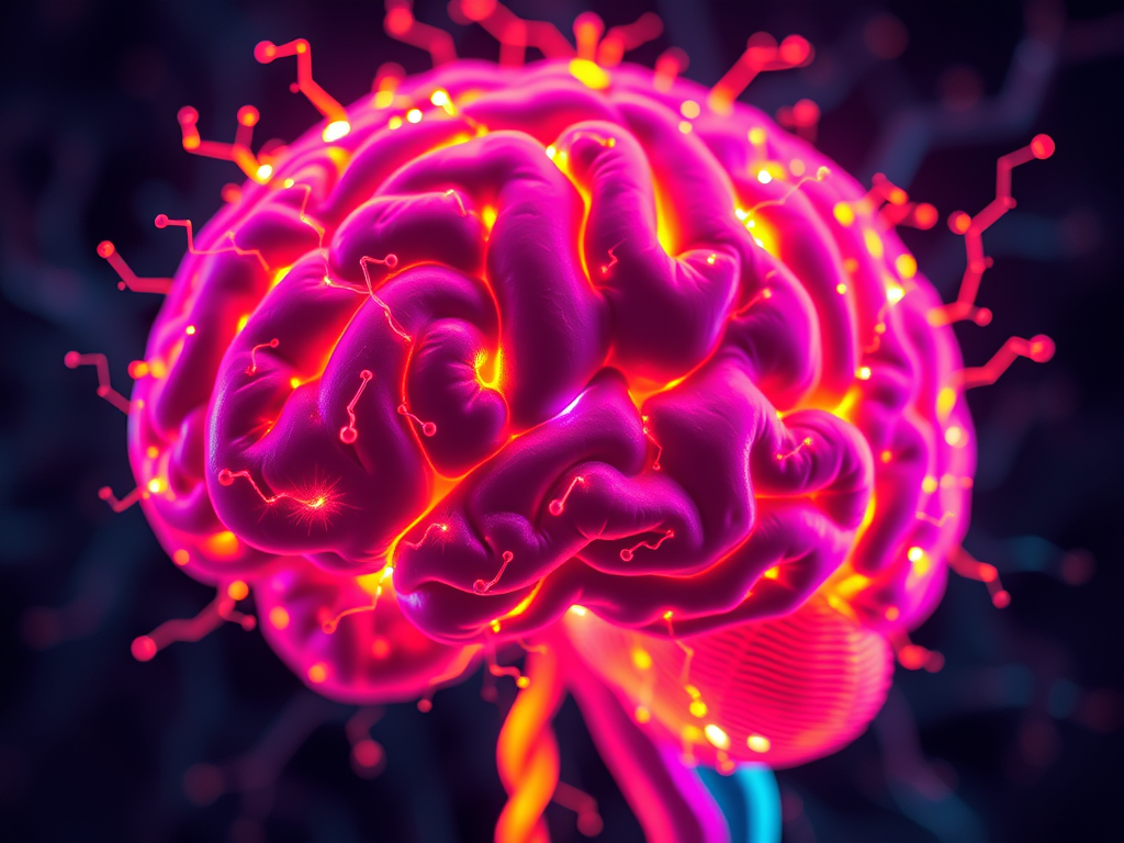 Illustration of a human brain glowing with vibrant neural pathways, symbolizing the concept of neuroplasticity and the process of rewiring the brain for an abundance mindset and success.