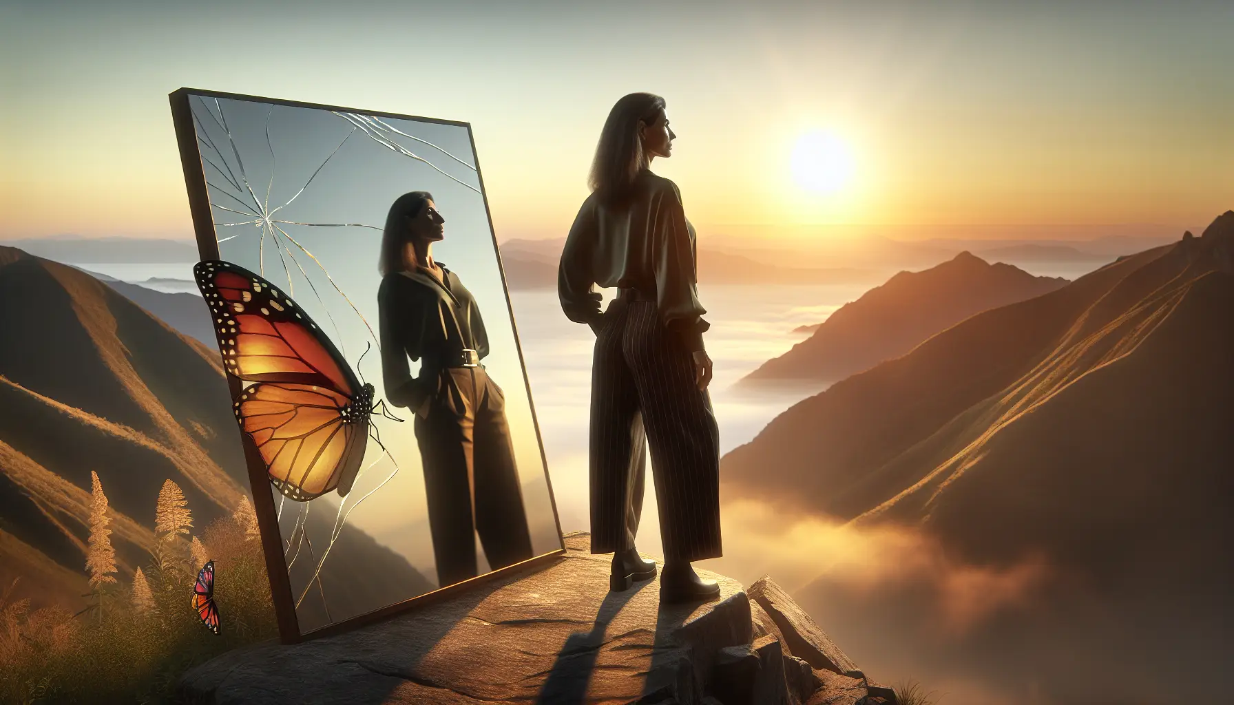A person stands confidently on a mountain peak at sunrise, gazing at the horizon. A cracked yet reflective mirror lies on the ground, symbolizing self-awareness and perspective. A butterfly hovers nearby, representing transformation and authenticity. The scene embodies empowerment, resilience, and embracing one's reality.