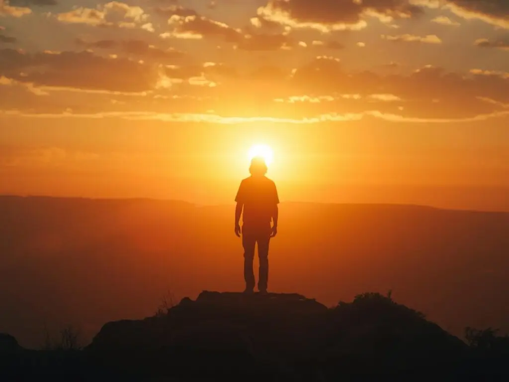 Person standing elevated at sunrise representing fulfillment and intentional life
