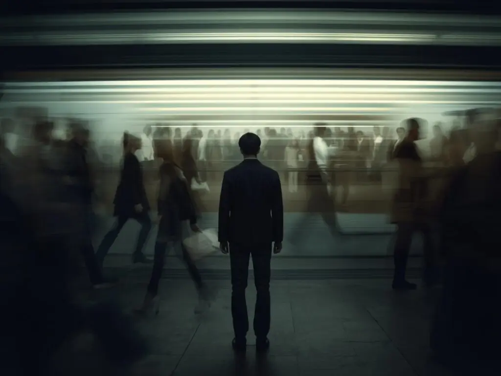 Person standing still while others move quickly representing living on autopilot